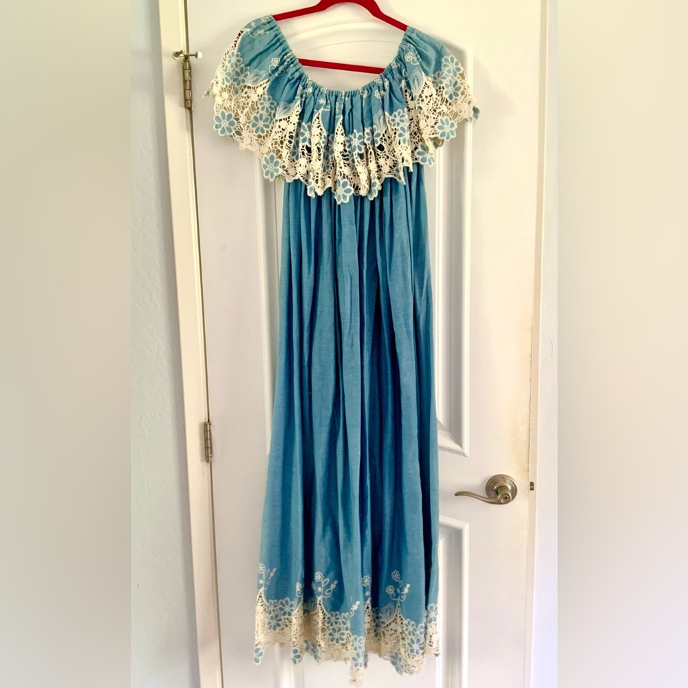 Sew Trendy Blue Off-Shoulder ruffle dress with Lace Detail